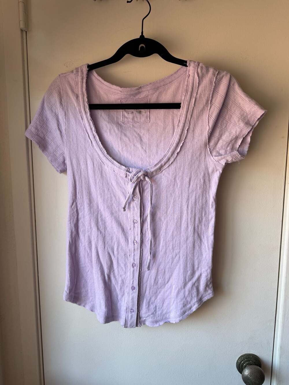 Aerie Tie-Front Top Size M Lavender Ribbed Short Sleeve Shirt